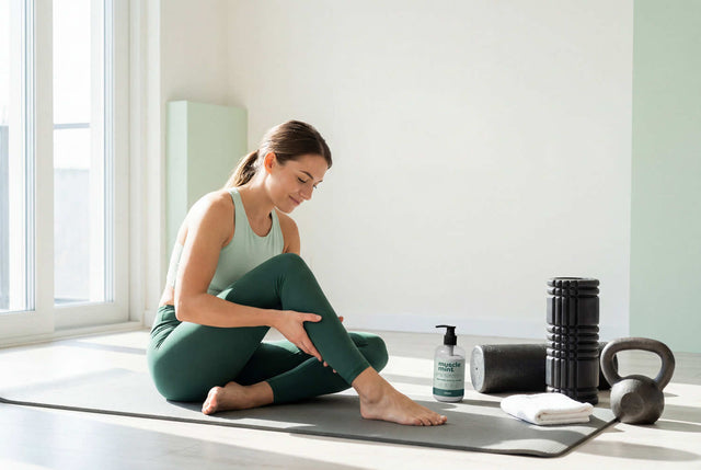 Realistic image of a person sitting on an exercise mat gently massaging sore leg muscles after a workout, with gym equipment and a natural muscle recovery cream nearby, illustrating how to treat aching muscles after exercise using simple recovery steps.