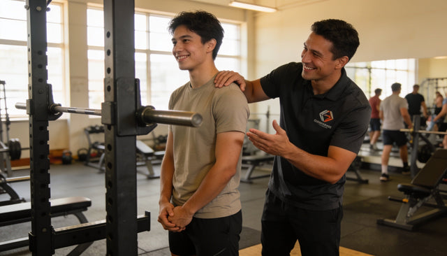 First time gym goer being encouraged by a personal trainer