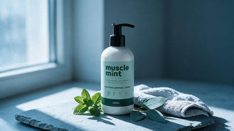 Muscle Mint 250ml bottle on cool grey slate with fresh peppermint and eucalyptus in blue morning light
