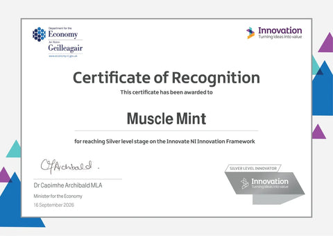 Department for the Economy Certificate of Recognition awarded to Muscle Mint for reaching Silver level stage on the Innovate NI Innovation Framework, dated 16 September 2026