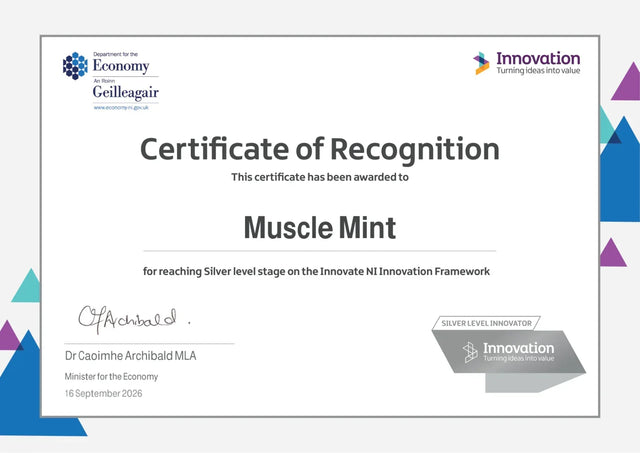 Department for the Economy Certificate of Recognition awarded to Muscle Mint for reaching Silver level stage on the Innovate NI Innovation Framework, dated 16 September 2026