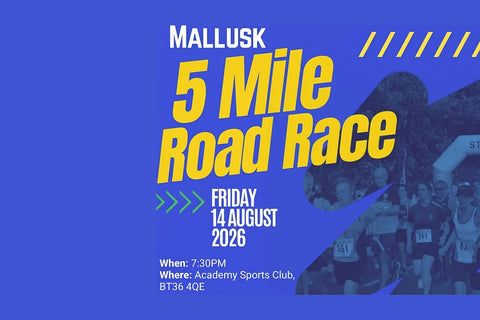 Mallusk 5 Mile Road Race 2026 poster, Friday 14 August, Academy Sports Club, with runners setting off from the start line