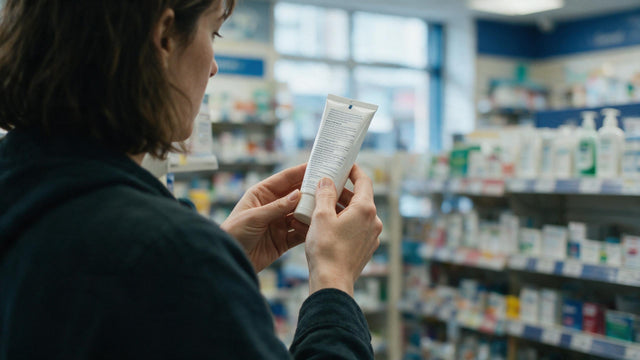 A woman at a pharmacy shelf turning a tube of cream over to read the small print on the back