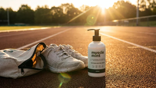 Muscle Mint bottle beside running shoes and a kit bag on a track at sunrise