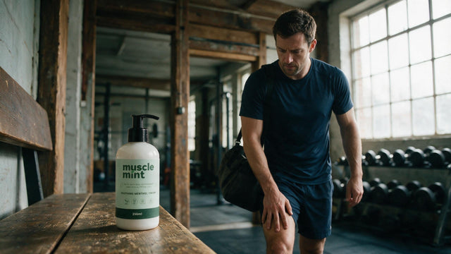 A man at the entrance of a gym with a hand on his sore thigh deciding whether to train, with a Muscle Mint 250ml bottle on the bench