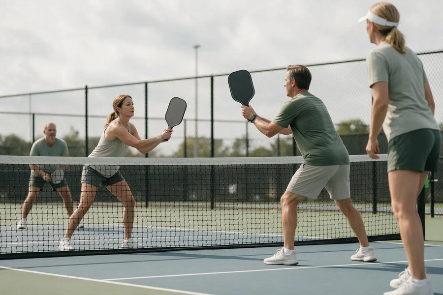 Four adults playing a doubles pickleball rally on an outdoor court