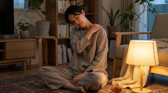 Person doing a gentle neck and shoulder stretch at home in the evening