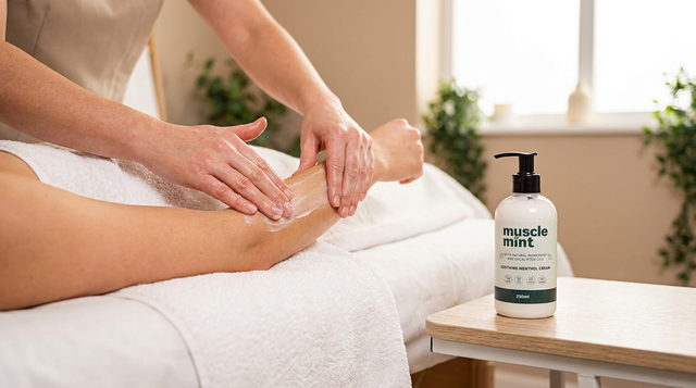 Massage therapist applying cooling lotion to a client's forearm and elbow