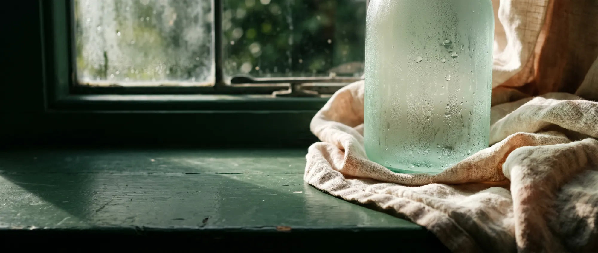 Condensation, pale mint glass and linen in natural window light