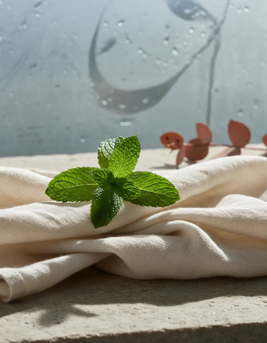 Peppermint sprig resting on folded washed linen on pale stone