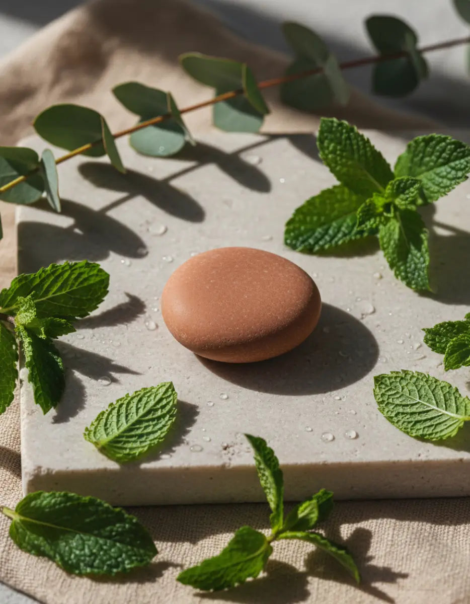A warm stone pebble resting among calm mint and eucalyptus leaves