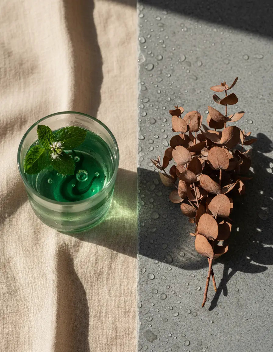 Peppermint oil in water beside a dry eucalyptus bundle on stone, split by soft window light