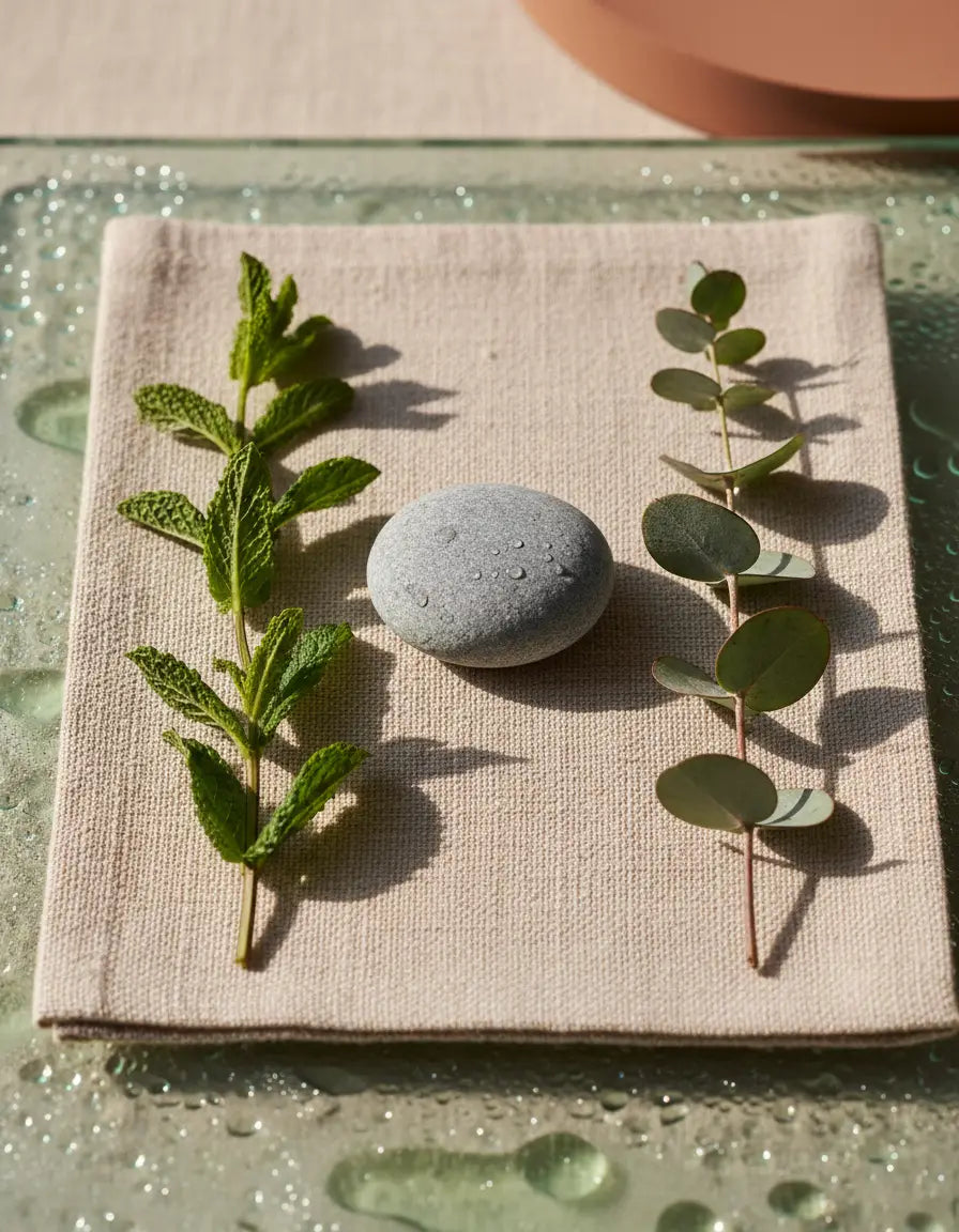 A sprig of peppermint and a sprig of eucalyptus laid either side of a smooth stone on linen