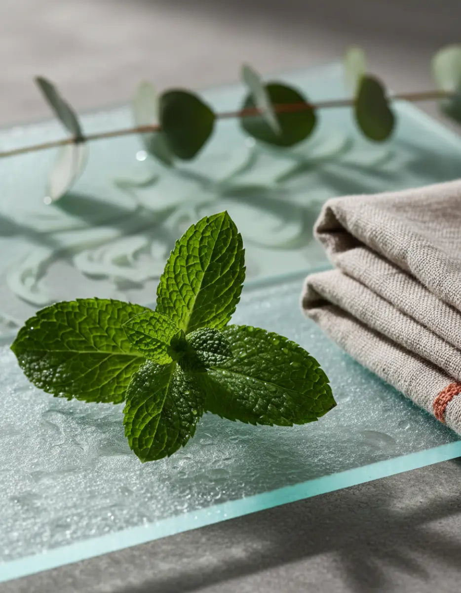 Peppermint sprig with condensation on frosted glass beside folded linen