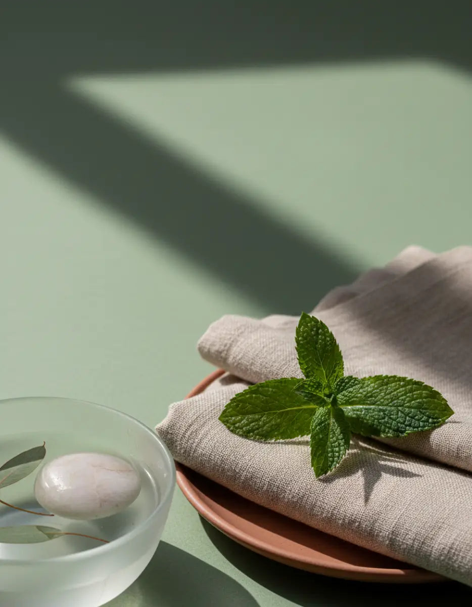 Peppermint sprig and folded linen beside a smooth pale stone