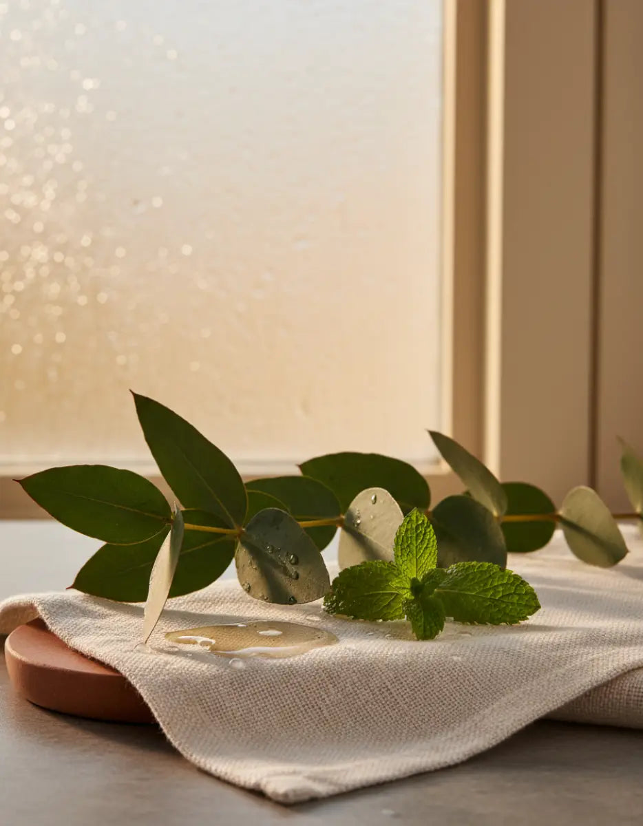 Eucalyptus and peppermint sprigs on a damp linen towel in evening light