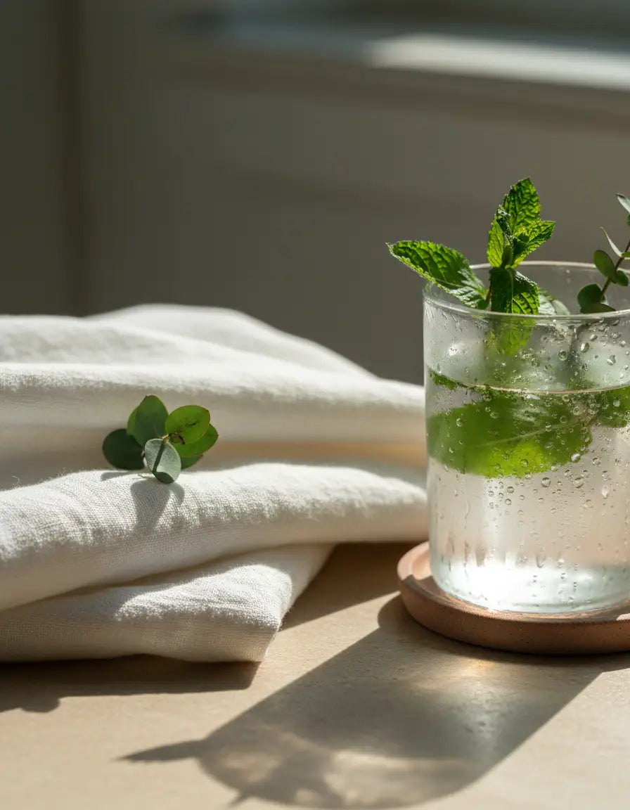 Folded linen towel beside a glass of water with mint and eucalyptus in morning light