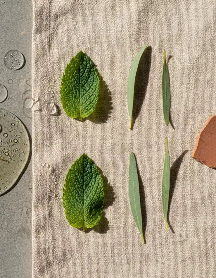 Mint and eucalyptus leaves laid in an even row on linen beside botanical oil and terracotta
