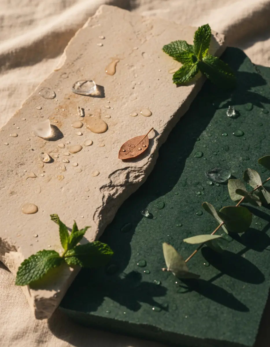 Two stone surfaces meeting at a diagonal line, one pale and one deep green