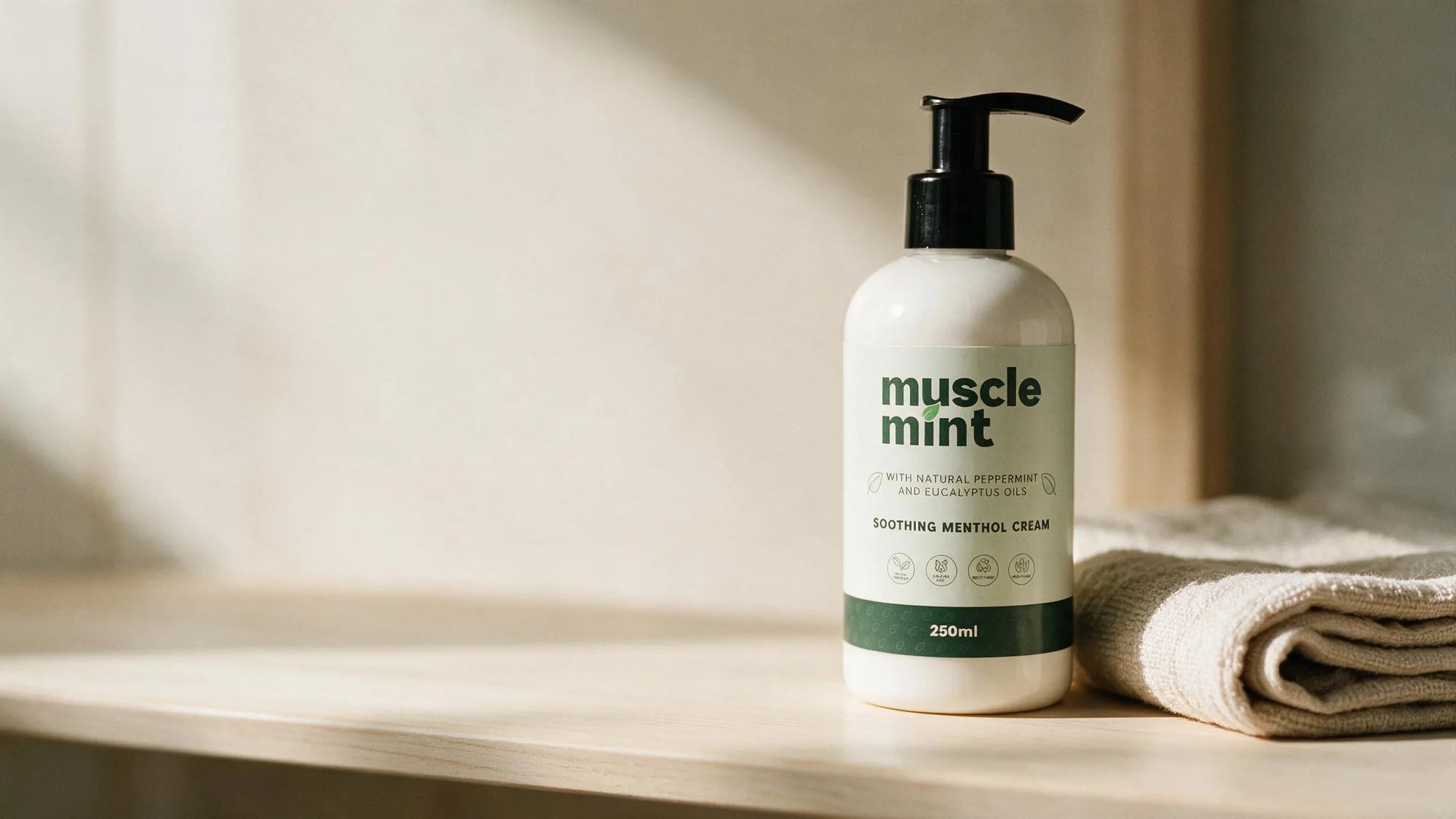 The Muscle Mint 250ml bottle on a pale bathroom shelf beside a folded linen towel in morning light