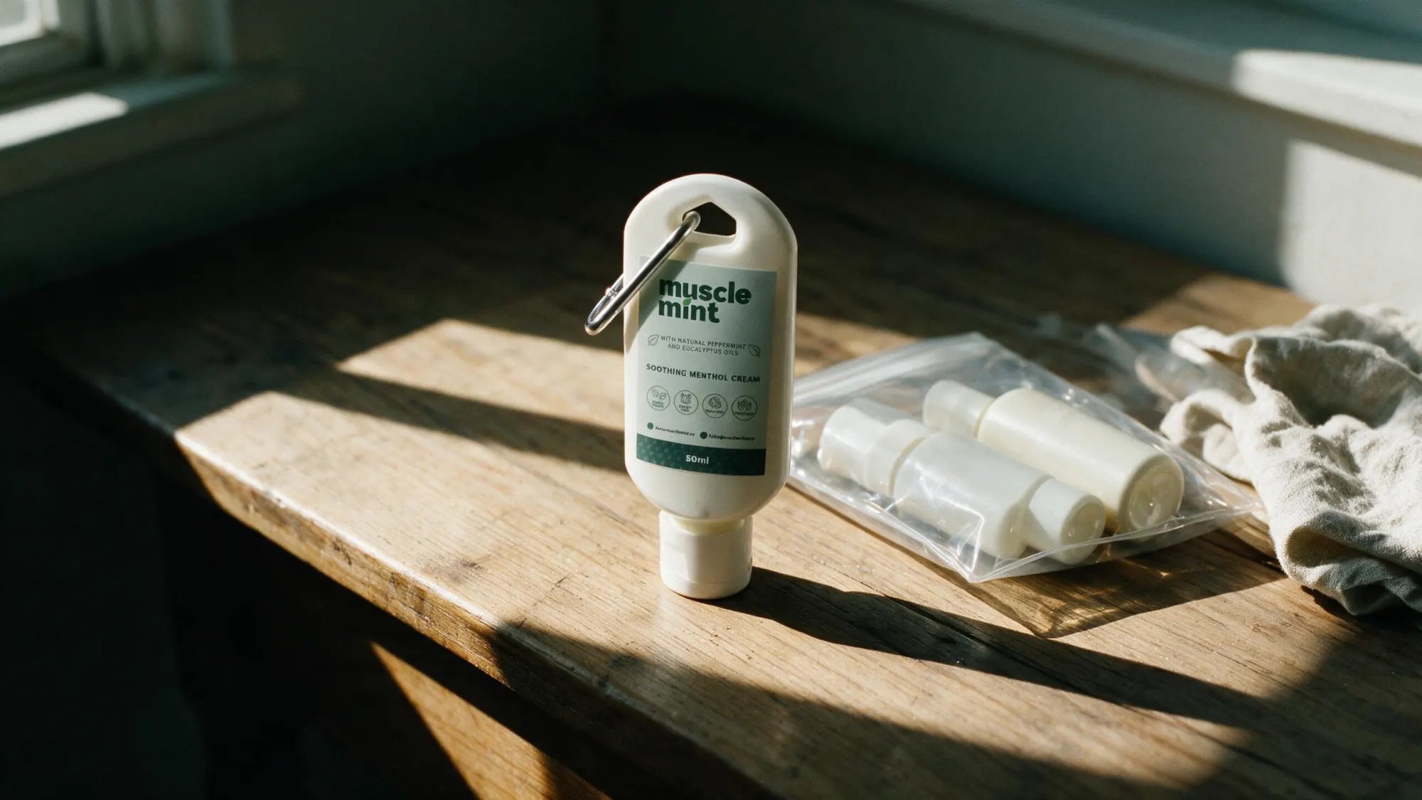 Muscle Mint 50 ml Travel bottle beside a clear resealable liquids bag on a worn timber table in morning light