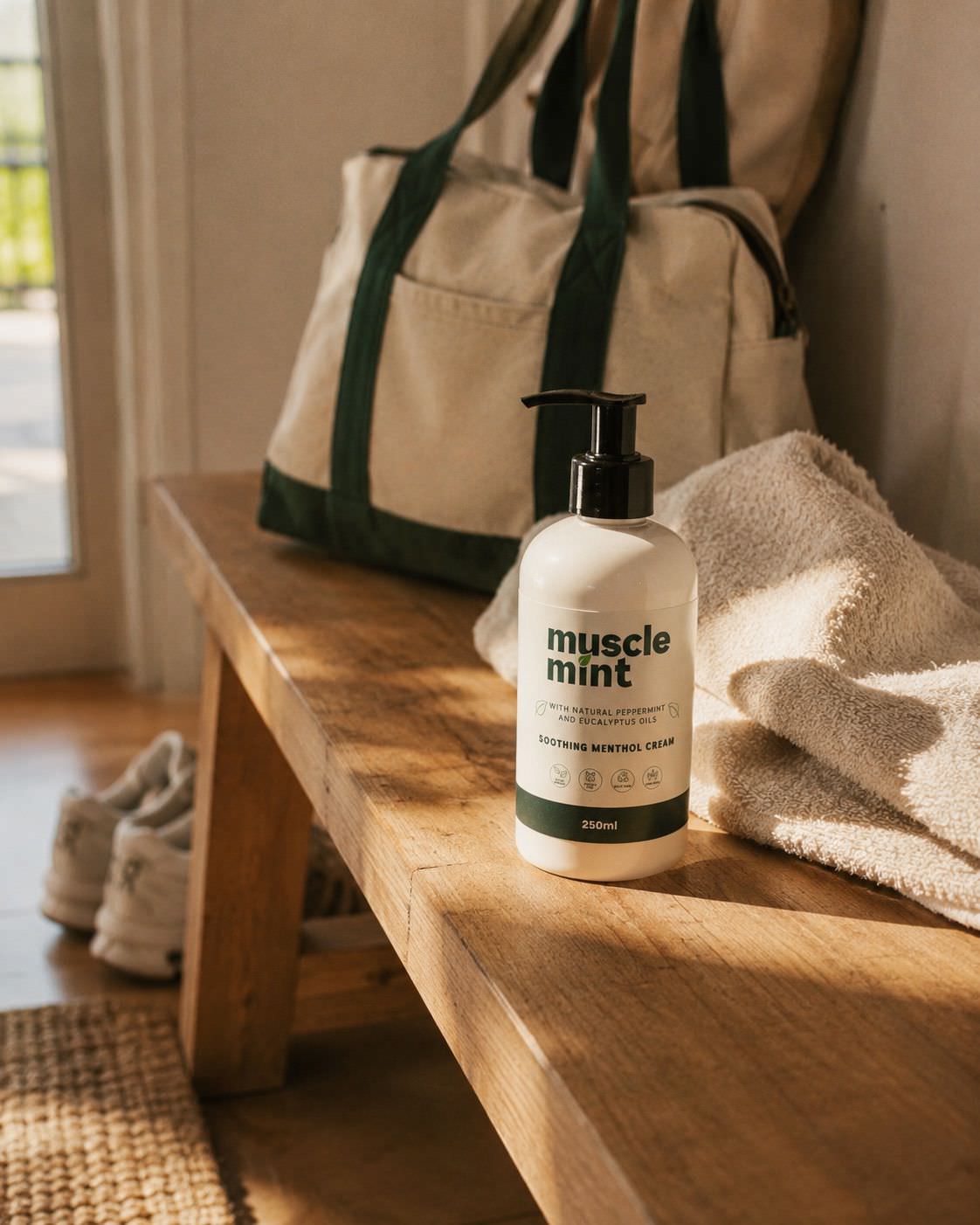 Muscle Mint 250 ml bottle beside a kit bag and towel