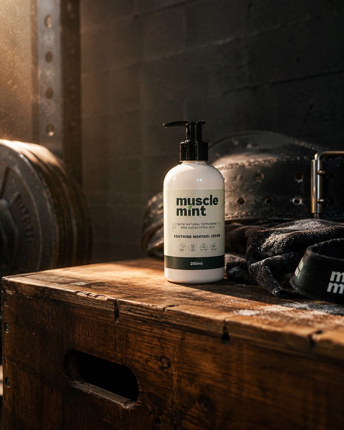 Muscle Mint 250 ml bottle beside weights in a gym