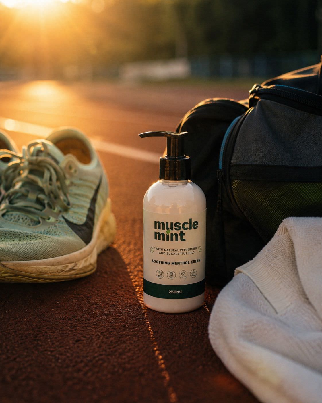 Muscle Mint 250 ml bottle beside running shoes and a gym bag