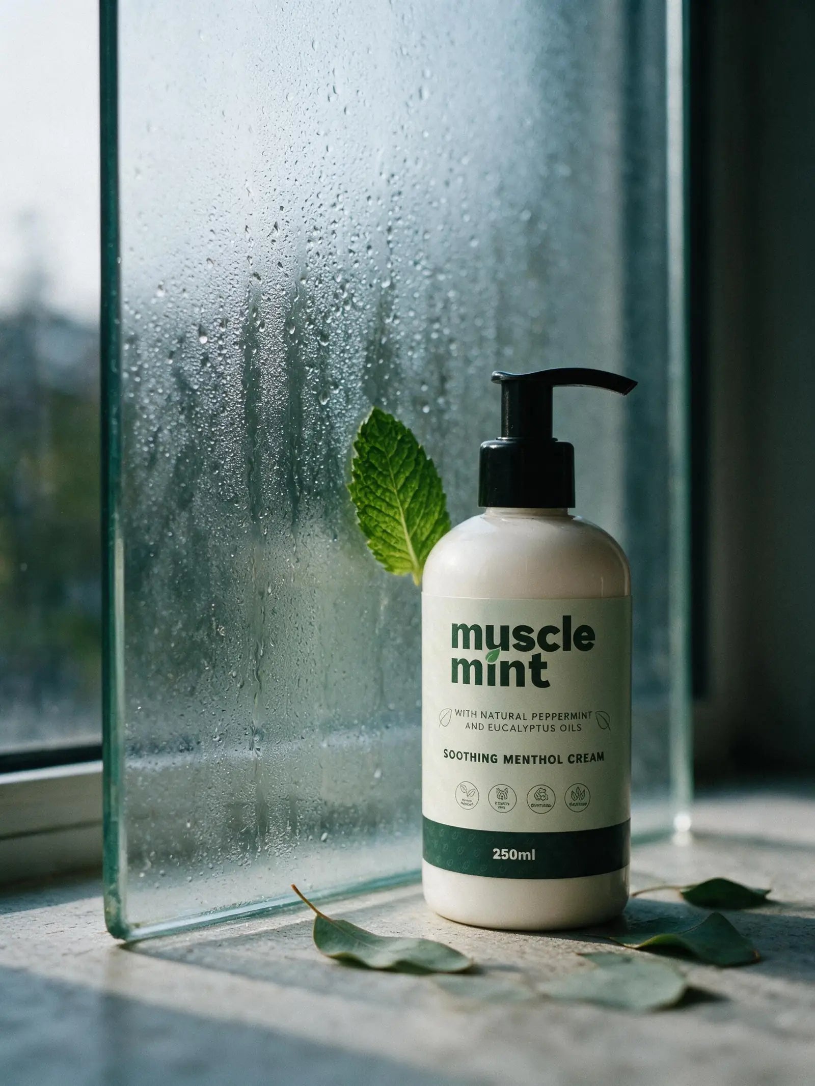 The Muscle Mint 250 ml bottle on a windowsill beside a chilled pane of glass beaded with condensation, a peppermint leaf resting against it