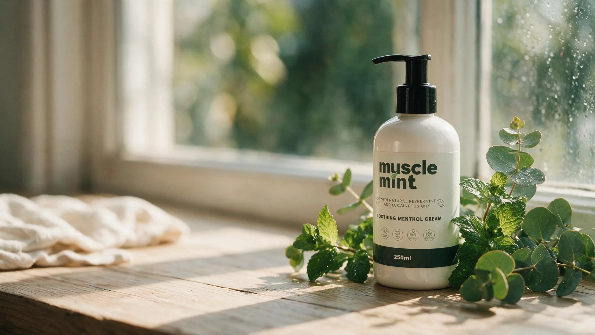 Fresh peppermint and eucalyptus with cool condensation on a window, the Muscle Mint 250ml bottle in morning light