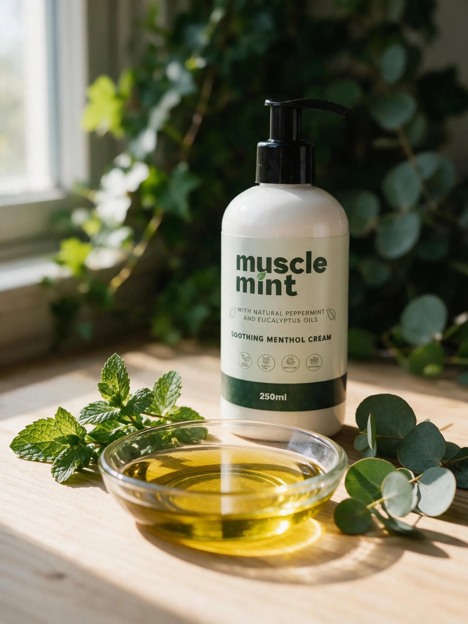 A shallow glass dish of golden sunflower oil beside fresh peppermint and eucalyptus, the Muscle Mint 250ml bottle standing behind on pale timber