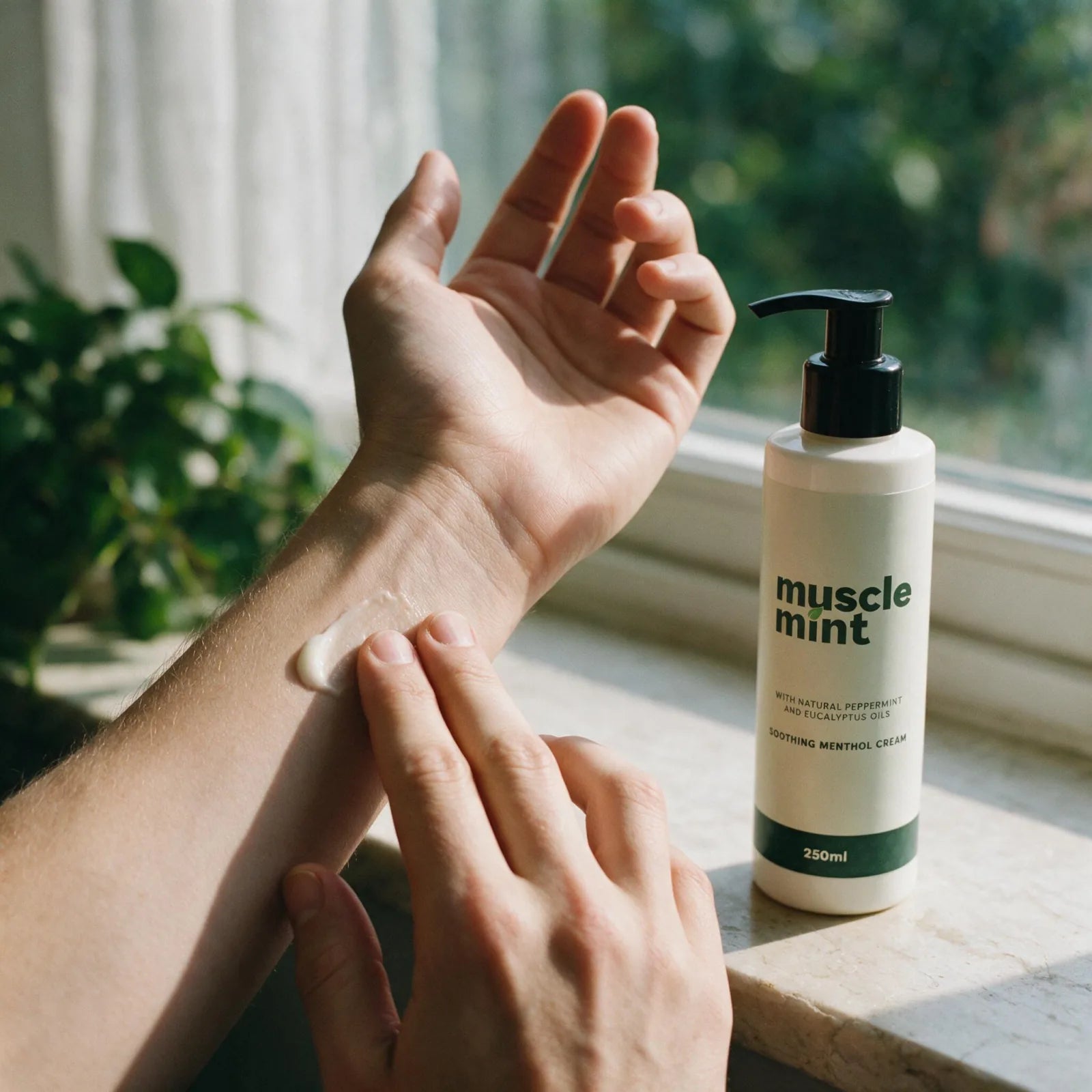 A small dab of Muscle Mint lotion smoothed onto the inner forearm, calm and normal skin, the 250ml bottle resting nearby