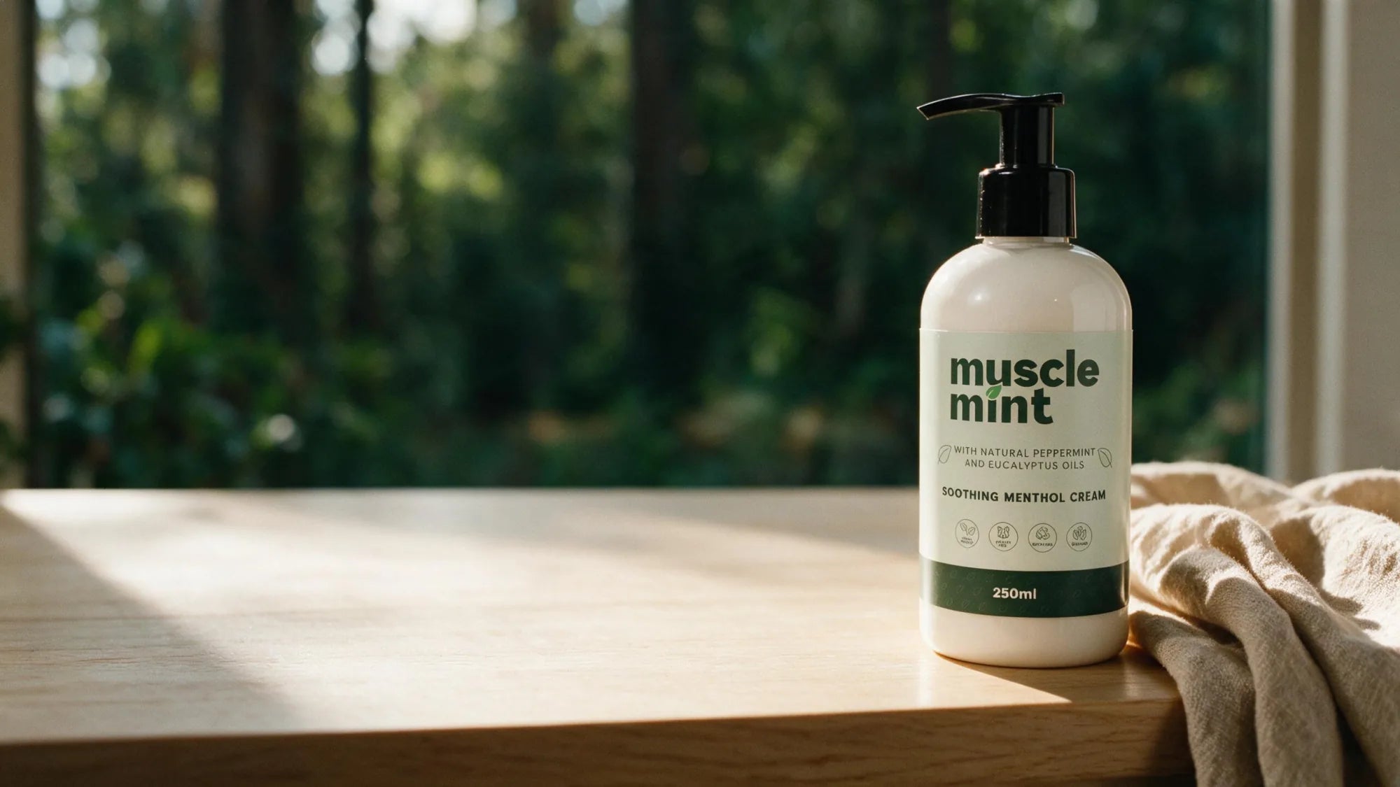 The Muscle Mint 250ml bottle on pale timber beside folded linen in warm domestic morning light