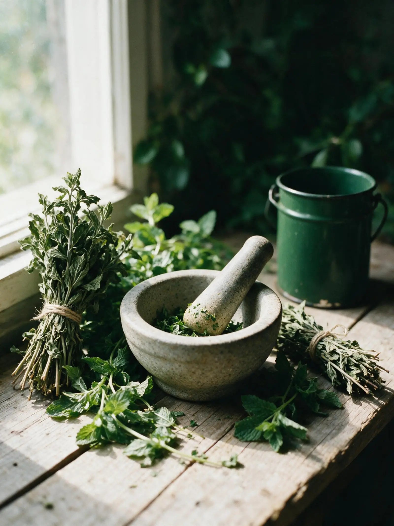 A still life of dried and fresh mint, a stoneware mortar and pestle, and a plain enamel vessel, evoking the botanical liniment tradition