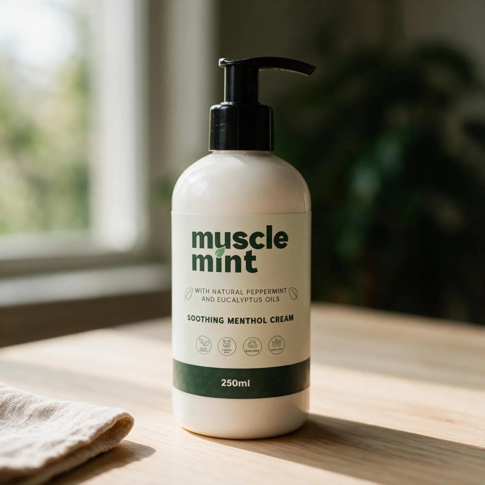 The Muscle Mint 250ml bottle upright on pale timber with folded linen, label fully legible, generous negative space