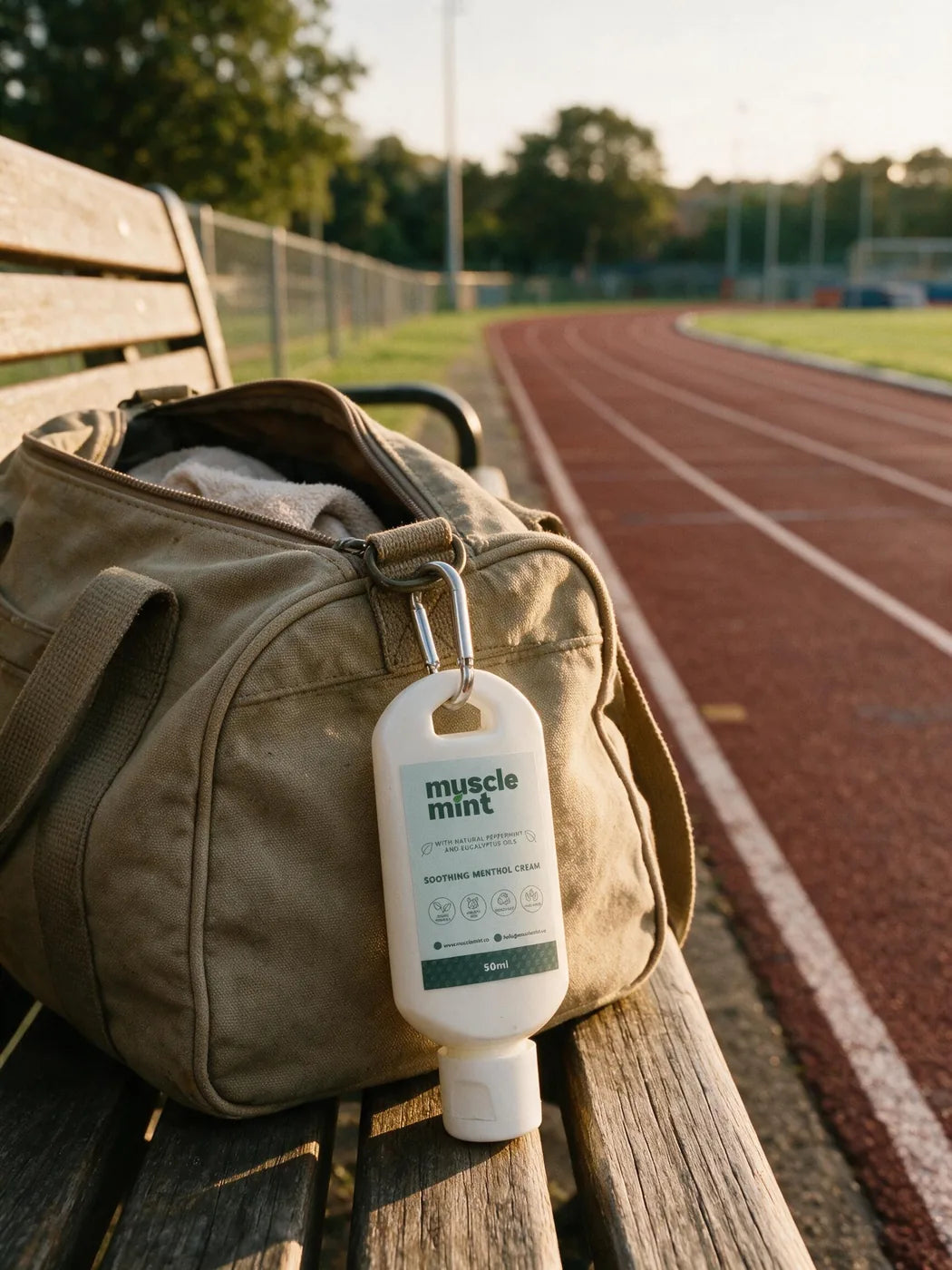 Muscle Mint travel bottle clipped to a kit bag beside a running track
