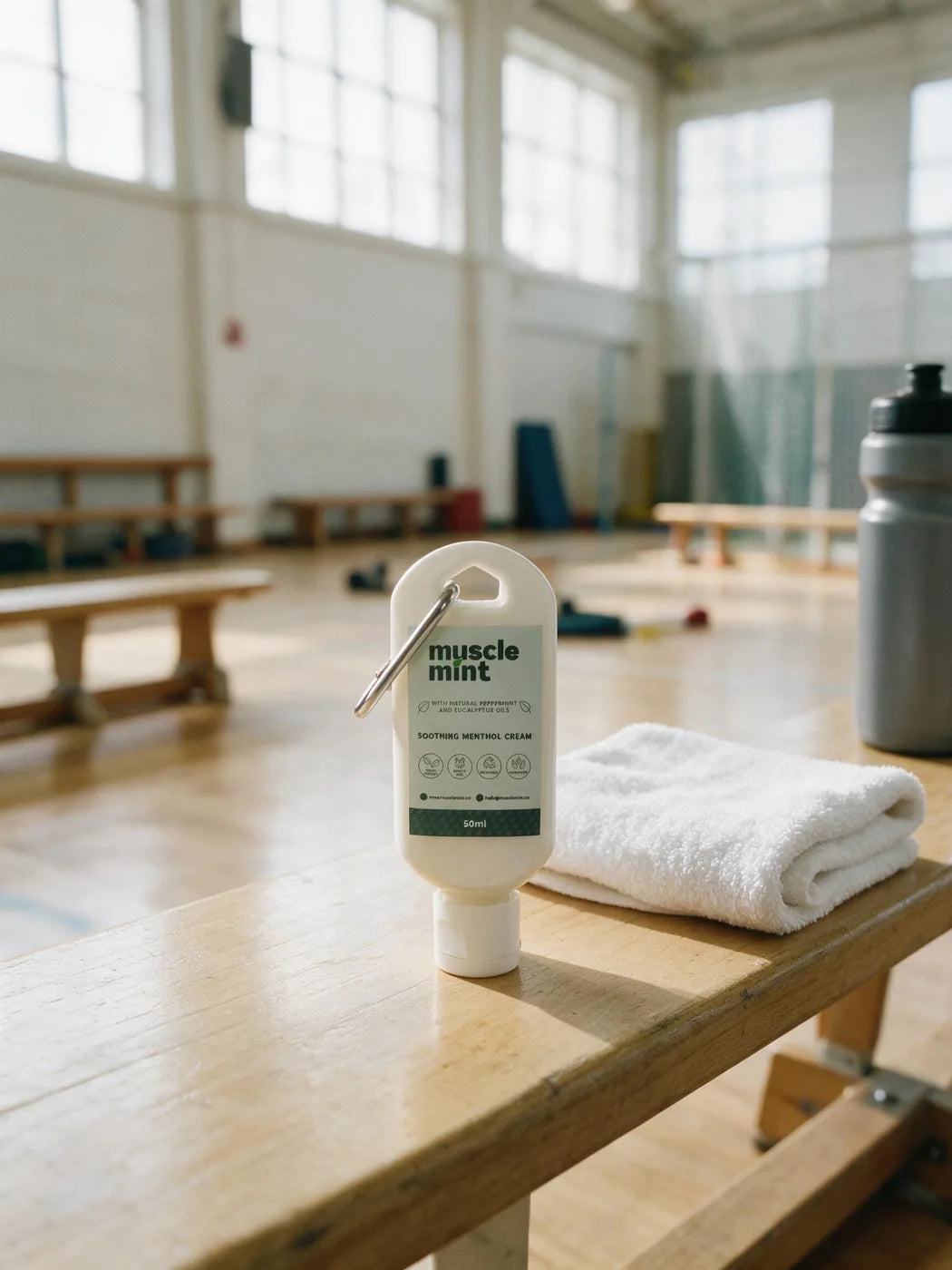 Muscle Mint travel bottle on a bench in a sports hall