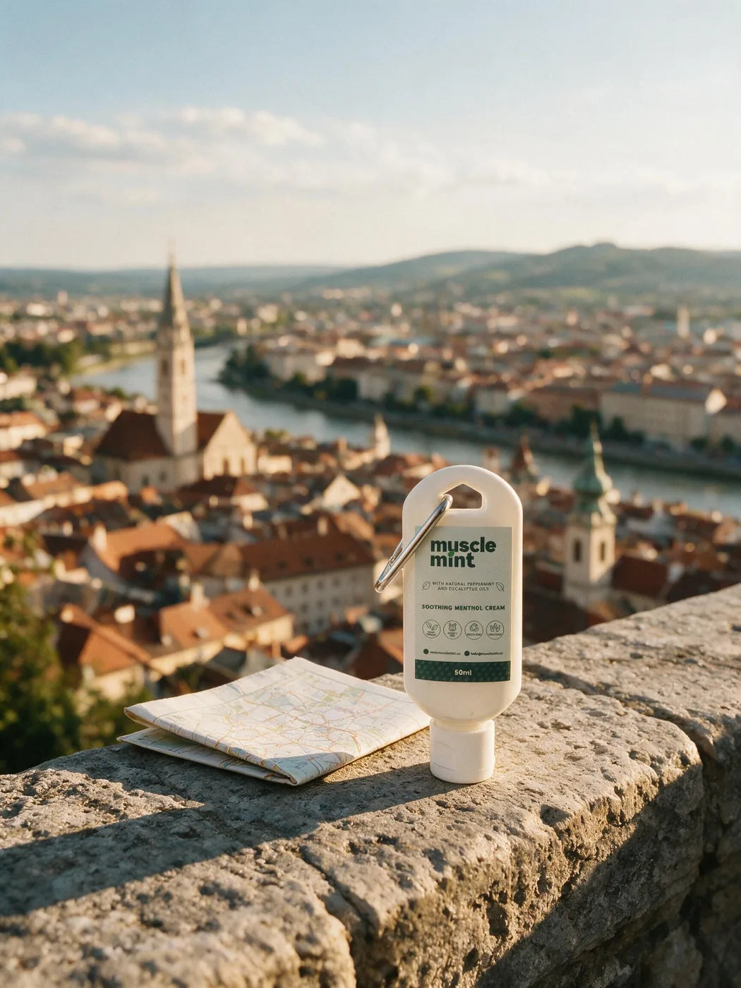 Muscle Mint travel bottle on a stone wall above a European old town