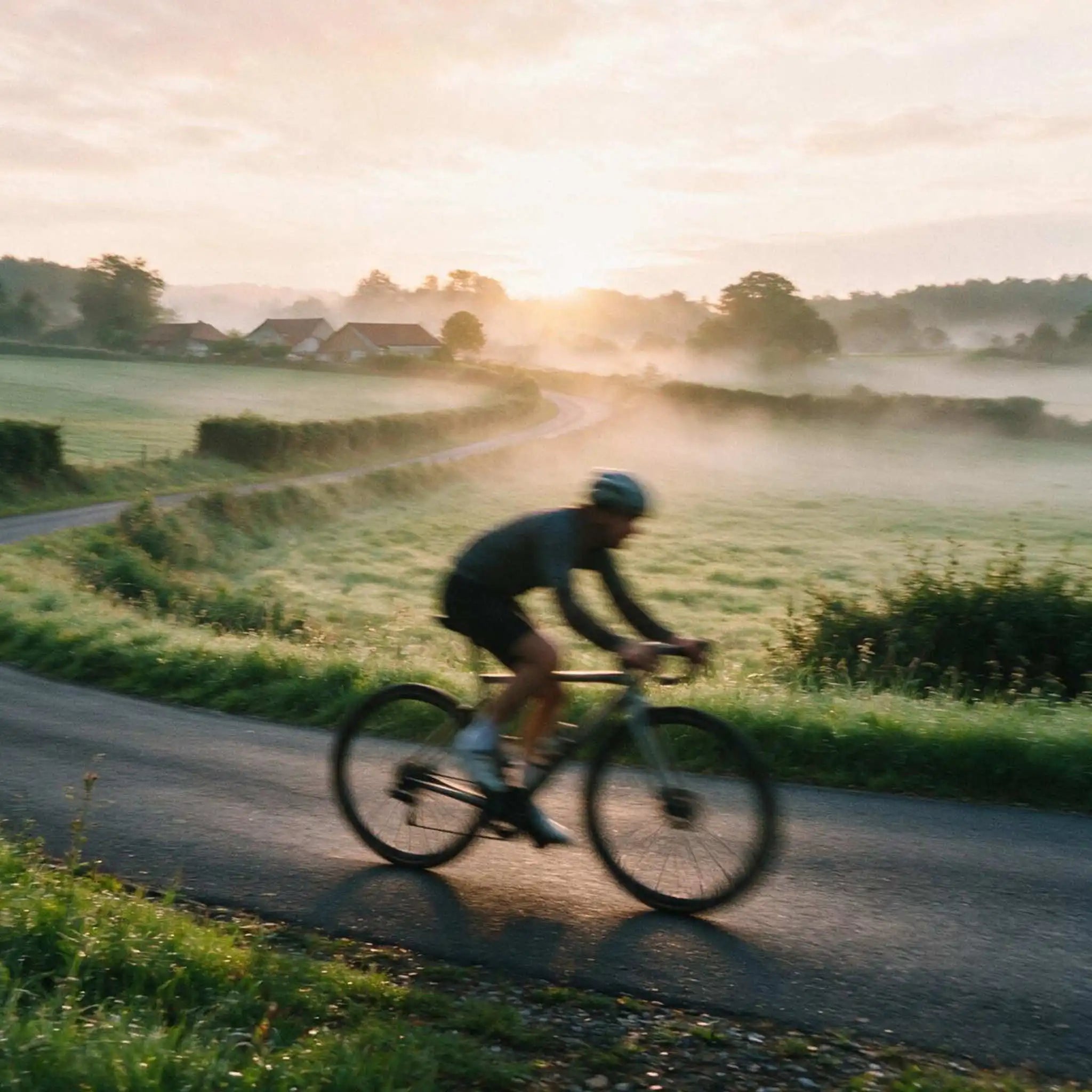 A cyclist rides a road bike along a winding country road at sunrise, with misty fields and distant houses in the background.