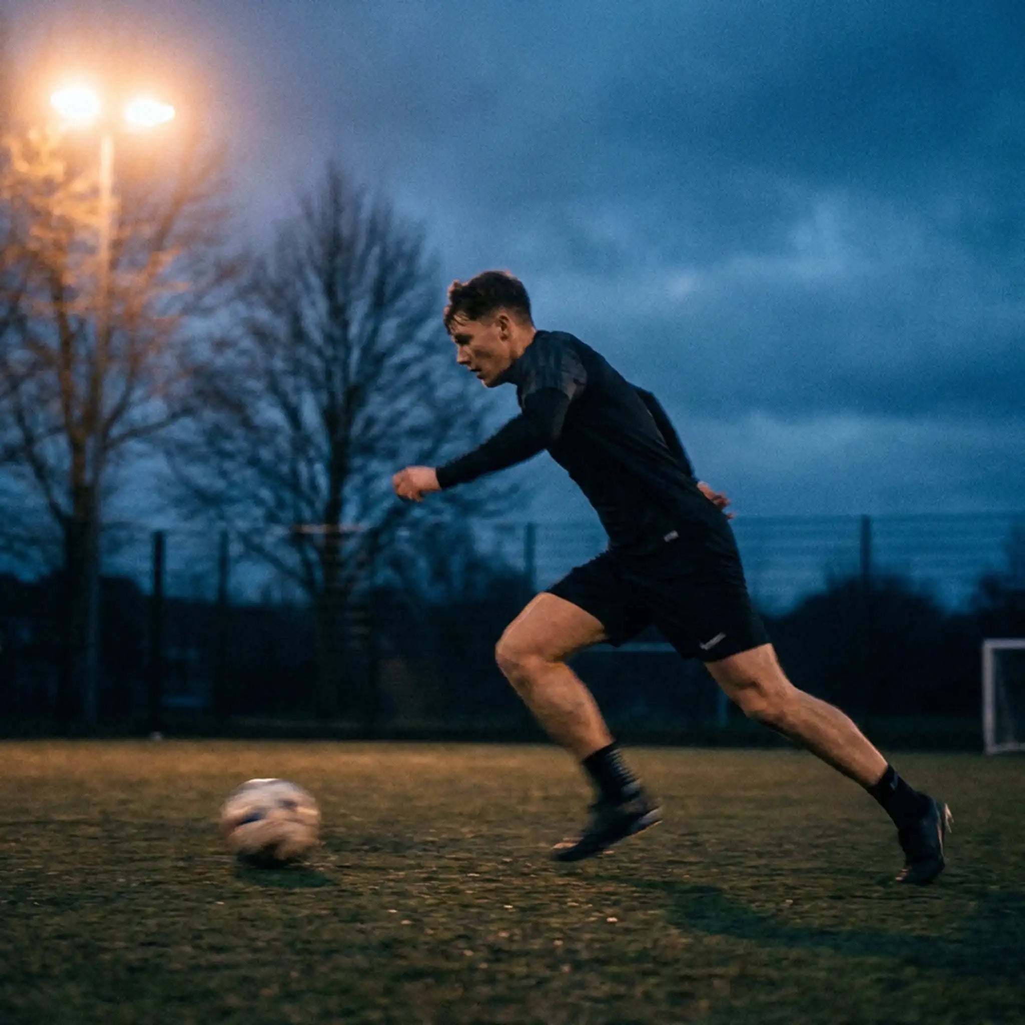 A man in a black athletic long-sleeve shirt and shorts running on a grassy field at dusk, with a soccer ball near his feet and stadium lights in the background.