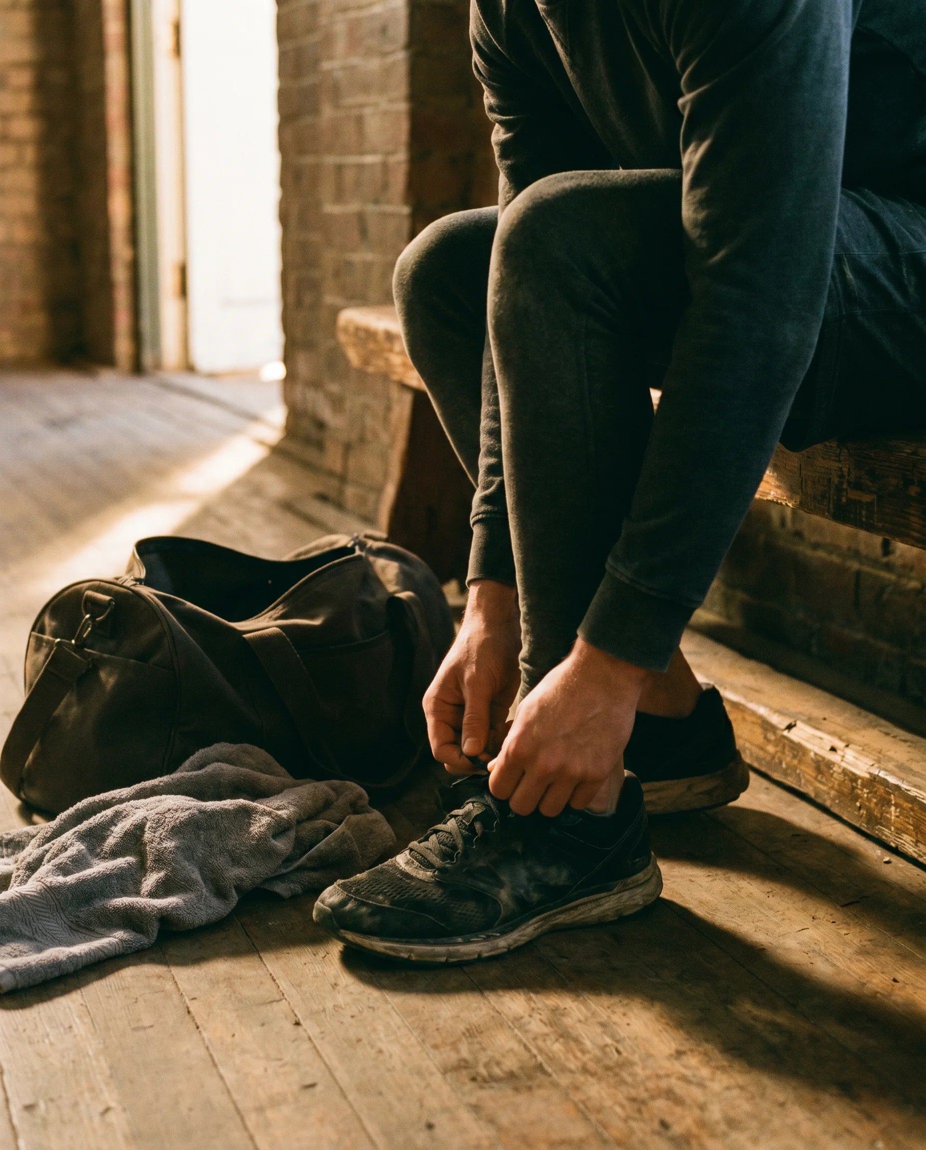 Person tying training shoes beside a gym bag and towel