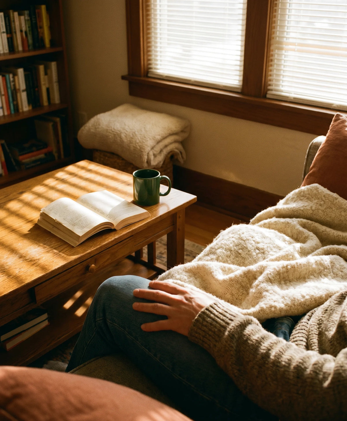 Quiet home recovery moment with a book, mug and knit blanket