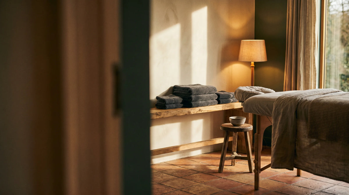 Calm practitioner treatment room with folded towels and natural light